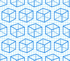 Geometric shapes seamless pattern with flat line icons of cube figure on blue grid notebook. Modern abstract background for geometry, math education vector illustration