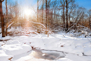 white winter wonderland river sunset at forest city park against blue sky background with frozen water ice and snow setting sun russian winter early spring season nature scene