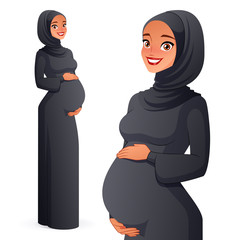 Beautiful Muslim pregnant woman in hijab. Isolated vector illustration.