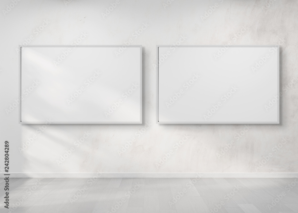 Poster Two horizontal frames hanging on a wall mockup 3d rendering