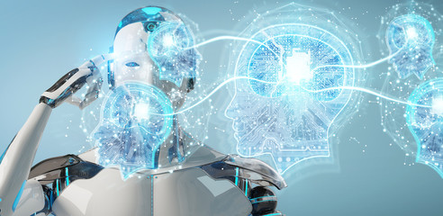 Cyborg creating artificial intelligence 3D rendering