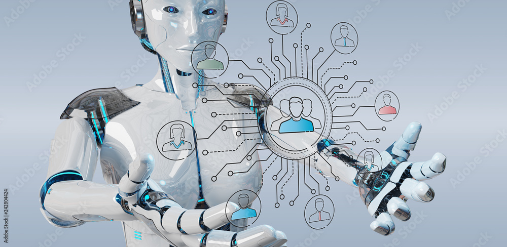 Aufkleber white robot controlling social network icons interface