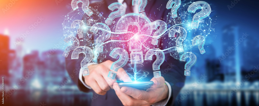 Poster businessman solving problem with digital question marks 3d rendering