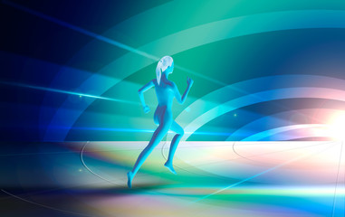 Fototapeta na wymiar Woman running in colorful background, hi-tech illustration