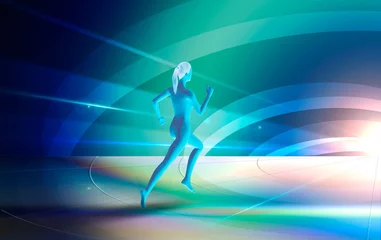 Foto op Plexiglas Woman running in colorful background, hi-tech illustration © Space Creator