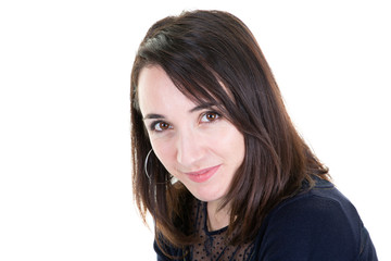 Portrait of young business woman with brunette hair over white background