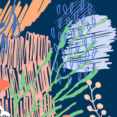 Vector creative universal artistic floral background with hand drawn marker textures, flowers, leaves . Graphic design for poster, card, cover, invitation or header. 