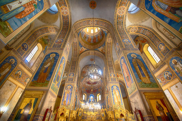 Obraz premium Inside interior of Memorial Temple of the Birth of Christ, Russian Style Church Cathedral ( Monastery Nativity ) near the soviet communist monument Buzludzha in Shipka, Bulgaria