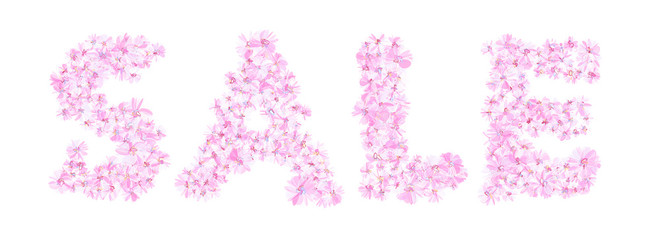 Word SALE filled with gentle pink flowers. Isolated fine detailed design element for advertising. Floral font