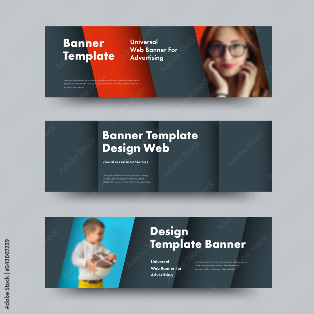 Poster Design of horizontal vector web banners in the style of material design with a place for photo and text.