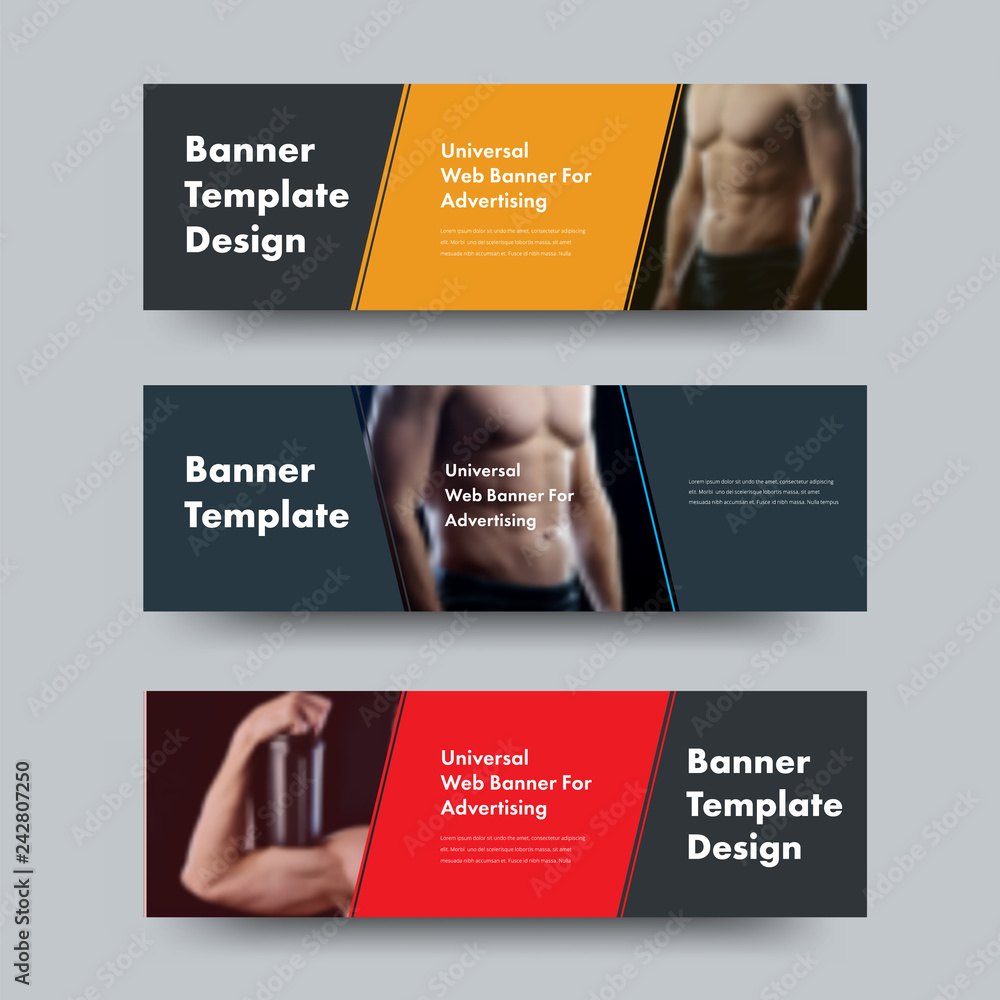 Poster Templates of black horizontal web banners with diagonal color elements and space for photos.