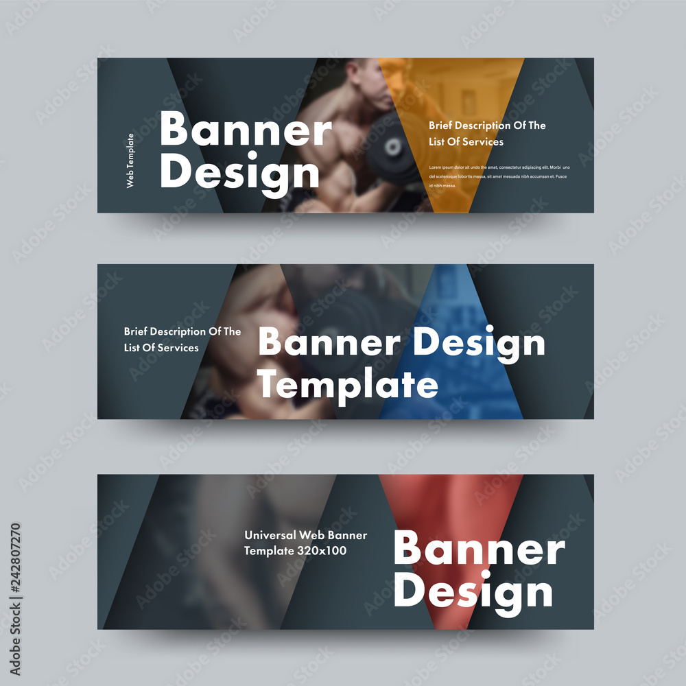 Poster Design of black vector horizontal web banners with triangular color elements and place for photo.
