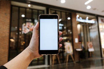 Close up of women's hands holding cell telephone blank copy space screen. smart phone with technology concept
