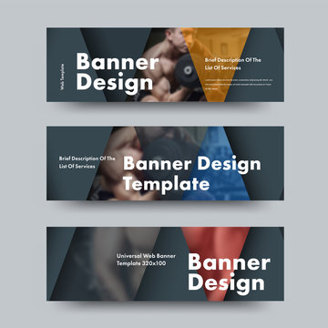 Design of black vector horizontal web banners with triangular color elements and place for photo.