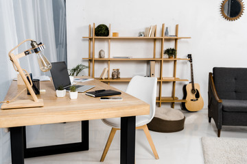 modern living room with wooden table, chair, shelves and plants
