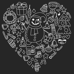 Vector set of Christmas, holiday icons in doodle style. Painted, black monochrome, chalk pictures on a blackboard.