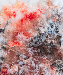 Red blood on white snow as a background