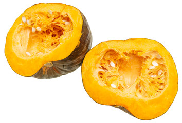 Orange pulp with seeds in a pumpkin on a white background