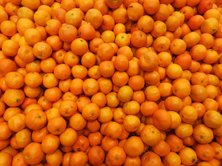 Ripe tangerines in a store window