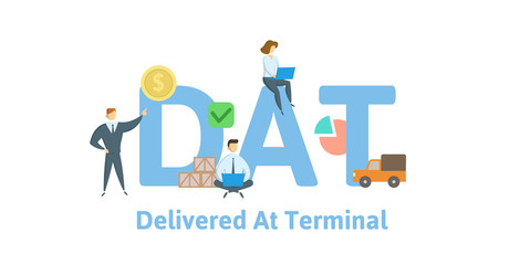 DAT, Delivered at Terminal. Concept with keywords, letters and icons. Colored flat vector illustration. Isolated on white background.