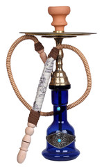 Dark blue glass beak hookah with bronze body with turquoise jeweled and white hose and pottery