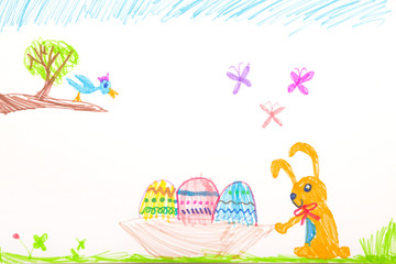 Obraz na płótnie Canvas Child's felt pen drawing - Happy Easter: bunny and easter eggs