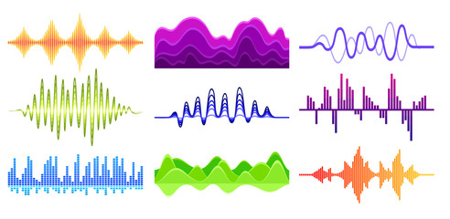 Vector set of different music waves. Sound pulse. Digital waveforms. Audio equalizer. Musical technology