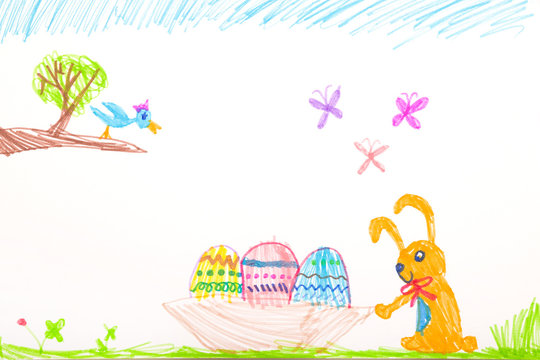 Child's felt pen drawing - Happy Easter: bunny and easter eggs