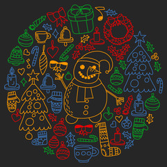 Vector set of Christmas, holiday icons in doodle style. Painted, colorful, pictures on a piece of paper on blackboard.