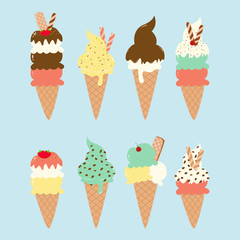 set of delicious ice cream with wafer, fruits and sweet sprinkles vector 