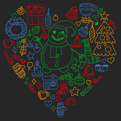 Vector set of Christmas, holiday icons in doodle style. Painted, colorful, pictures on a piece of paper on blackboard.