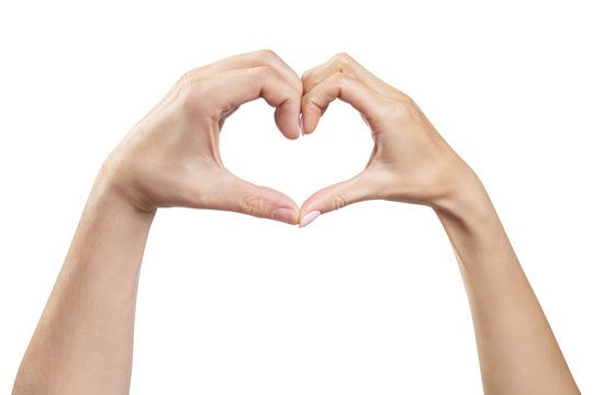 Male and female hands forming a heart shape, isolated on white background