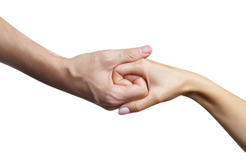 Male and female hands united in a handshake, isolated on white background