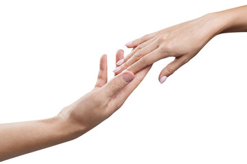 Male and female hands stretching towards each other, isolated on white background