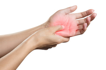 The pain in a female palm, isolated on white background