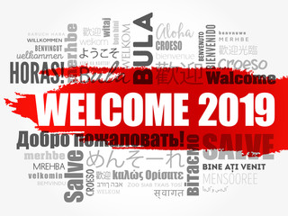 WELCOME 2019 word cloud in different languages, conceptual background