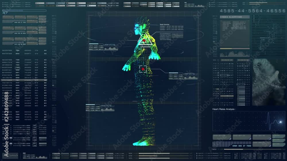 Leinwandbilder Futuristic motion element user interface information technology virtual biomedical holographic human body scan diagnostic with data and telemetry head up display for background computer desktop screen