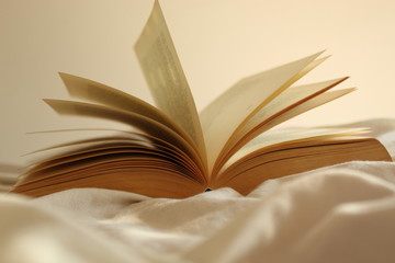 Open book on white crumpled sheet. Reading in the bed.