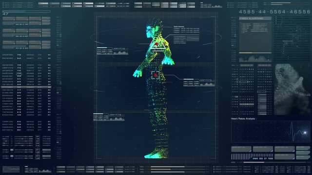 Futuristic motion element user interface information technology virtual biomedical holographic human body scan diagnostic with data and telemetry head up display for background computer desktop screen