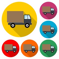 Delivery or cargo truck icon or logo, color set  with long shadow