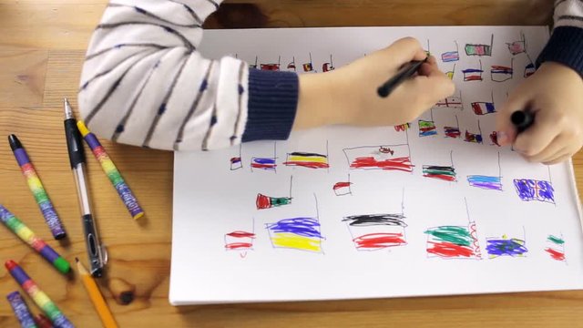 Girl draws flags countries