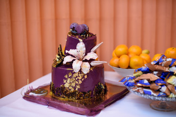 Birthday decorations for the holiday. Photo zone for birthday. Anniversary. Celebration. Festive cake.