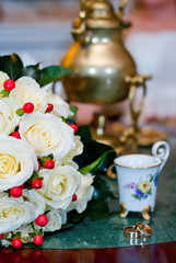 Wedding rings close-up. bridal rings on the background of a wedding bouquet.