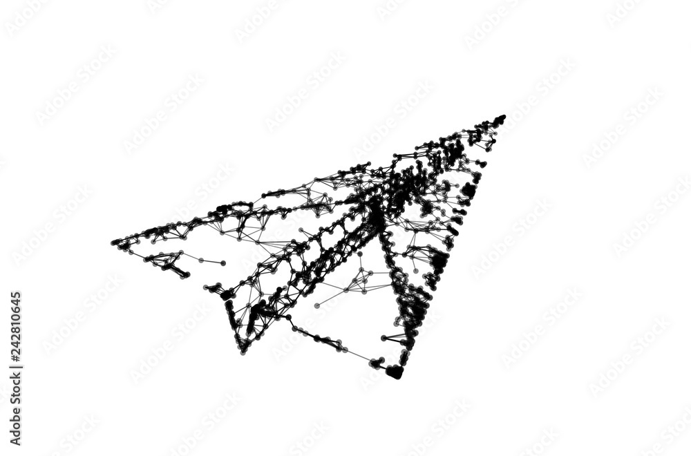 Poster abstract icon of paper airplane with network connection lines isolated on white background in techno