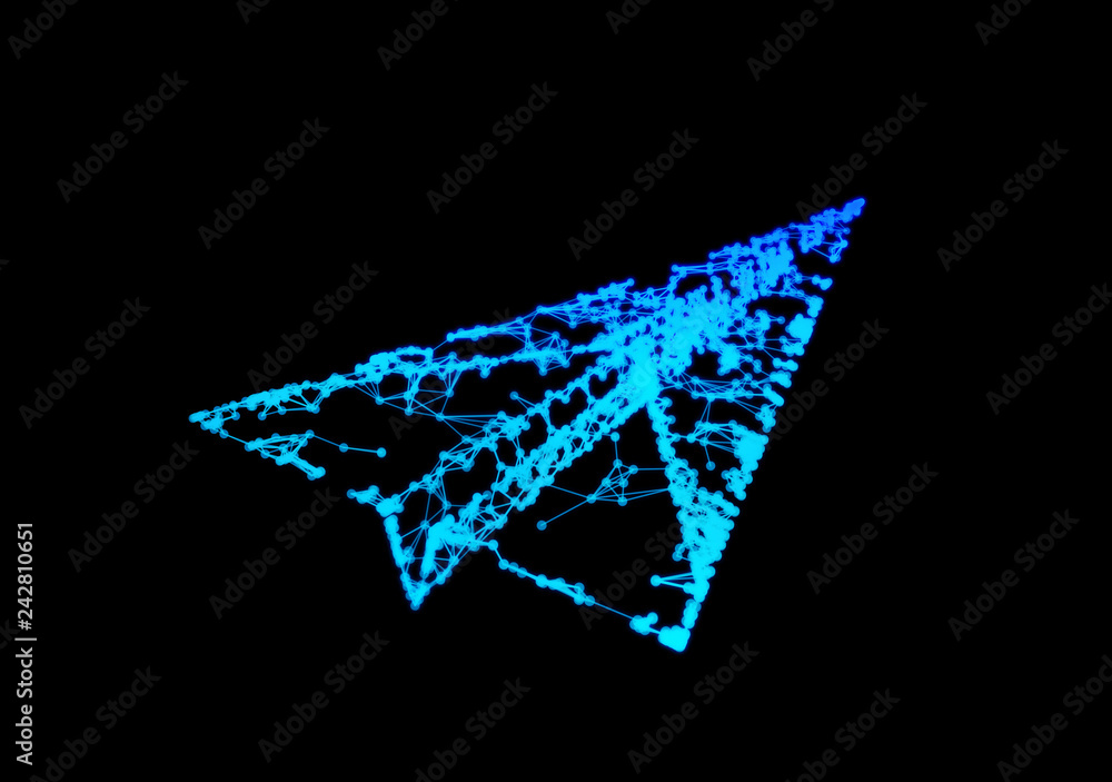 Poster abstract icon of paper airplane with network connection lines isolated on black background in techno