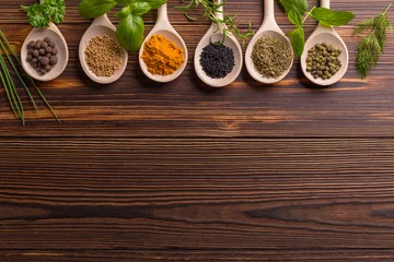 Keuken spatwand met foto Mixed spices and herbs on wooden spoons with copy space. © cegli
