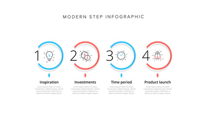 Business process chart infographic with 4 step circles. Circular corporate workflow graphic elements. Company flowchart presentation slide template. Vector info graphic design.