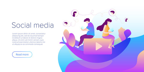 Social media chat concept in vector illustration. Teens using smartphones for virtual conversation, sharing or writing comments. Creative website layout or landing page template. Web banner concept.