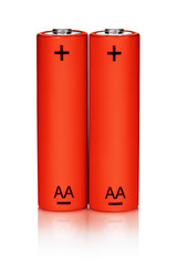 Two red AA Alkaline batteries, isolated on white background