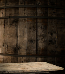 background of barrel and worn old table of wood